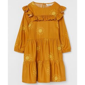 H&M Girls Mustard Yellow Smiling Sun Printed Ruffled Rayon Dress Size 7